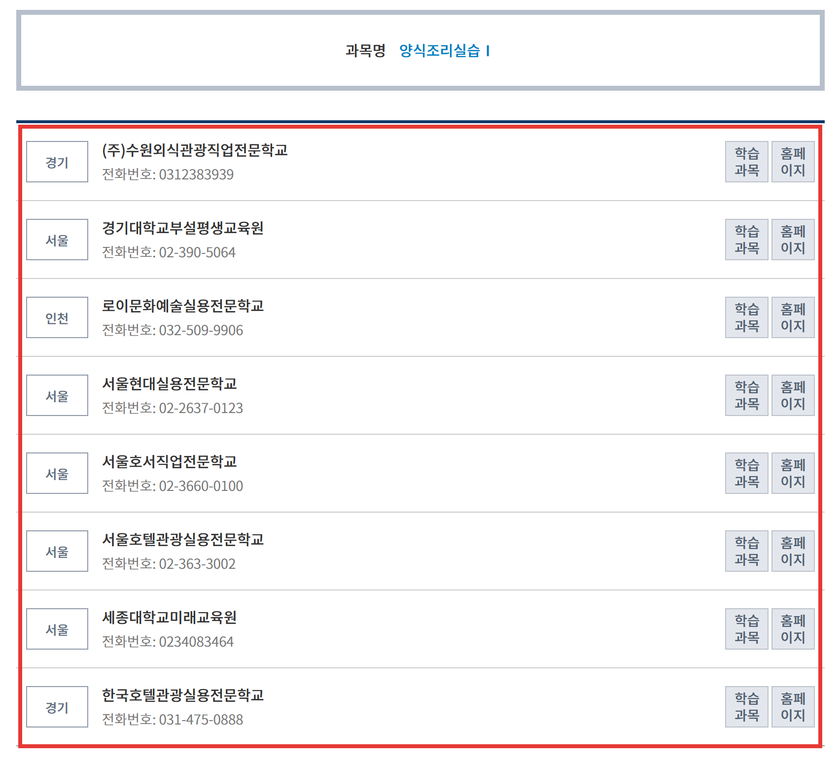 학점은행제 식품조리학 전공필수 양식조리실습Ⅰ 개설교육훈련기관 목록